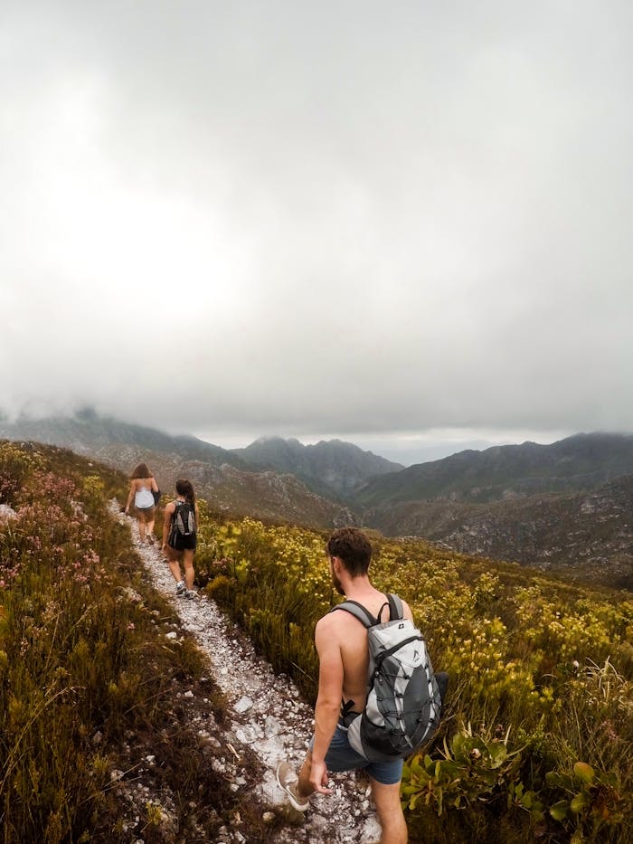 Group of hikers exploring scenic trails in Overberg's majestic mountain range.